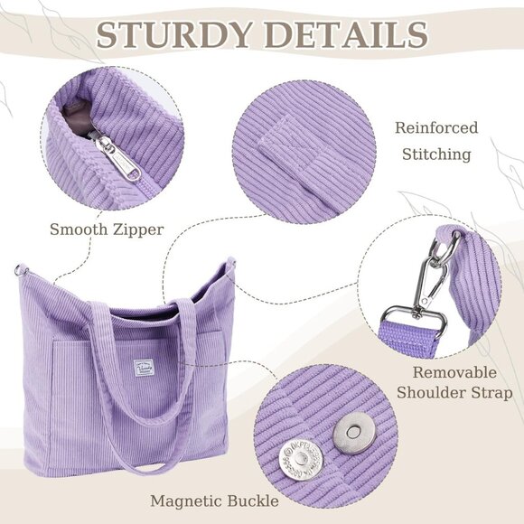 Light Purple Corduroy Tote Bag for Women, Large Capacity, Zipper Closure - Picture 3 of 8